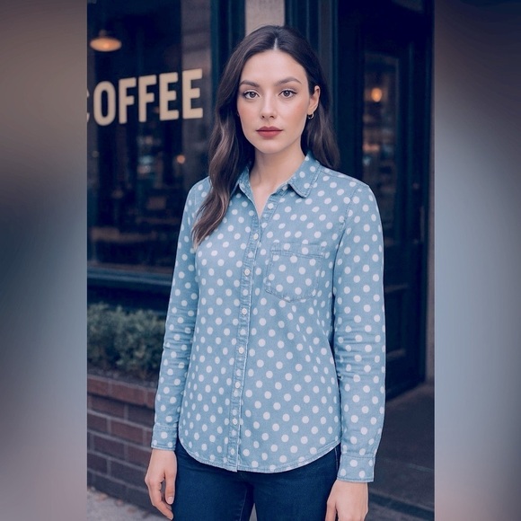 Loft Womens Blue & White Polka Dot Top Shirt Sz L Button Front Long Sleeve - Picture 2 of 10
